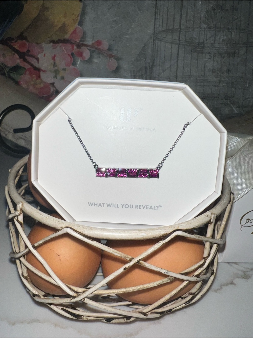 Sterling Silver Pink Bar Necklace with Pink Stones